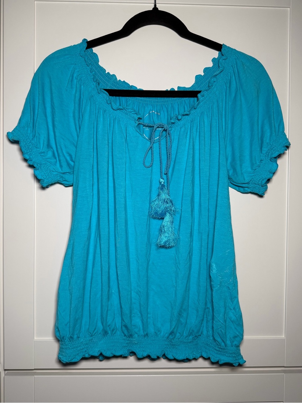 INC Blue Boho Chic Tassels Fringe Peasant Cottage Off Shoulder Top 2010s Fairy